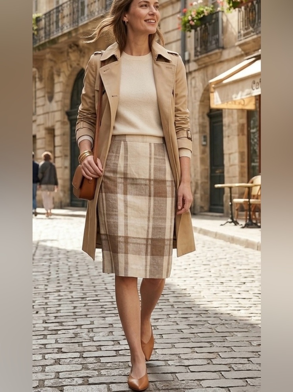 Conrad C. Collection Plaid Linen Blend Pencil Skirt Size 10 Neutral Brown Tan